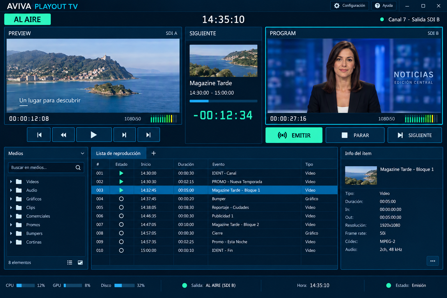 Interfaz de AVIVA Playout TV con vista previa, monitor de salida y lista de reproducción